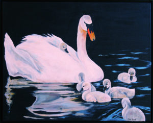 White Swan and Cygrets acrylic painting deep canvas